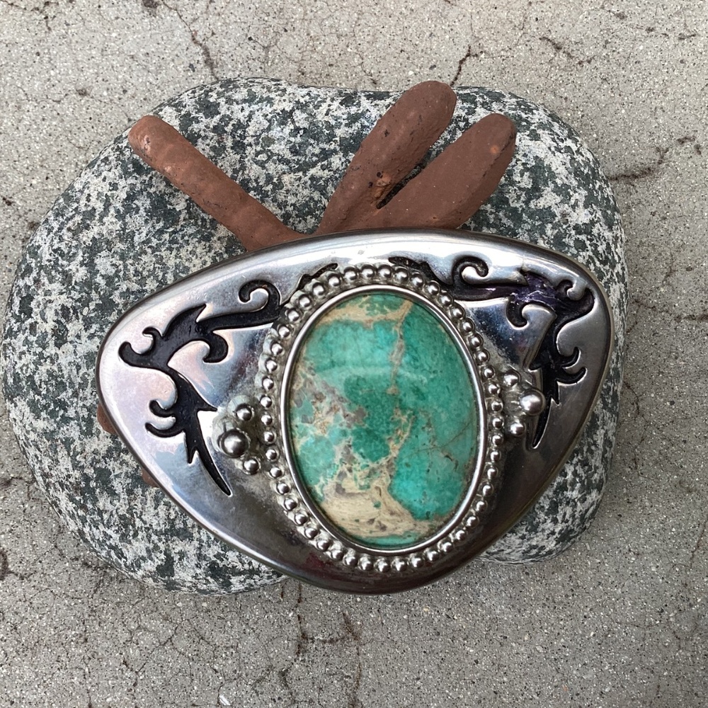 Vintage Unisex Western Boho Large Green Turquoise Stone Etched Metal Belt Buckle - Picture 10 of 13
